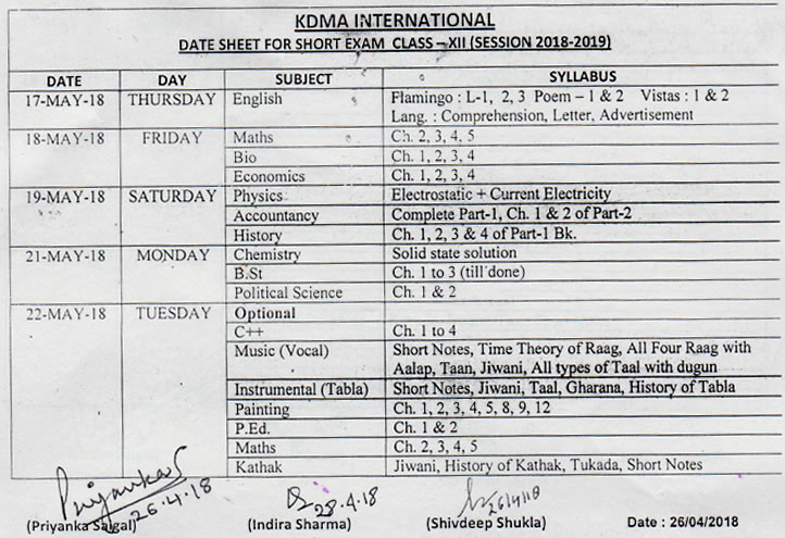 Date Sheet Of Short Exam For The Students Of Classes Ix X Xi Xii Kdma International